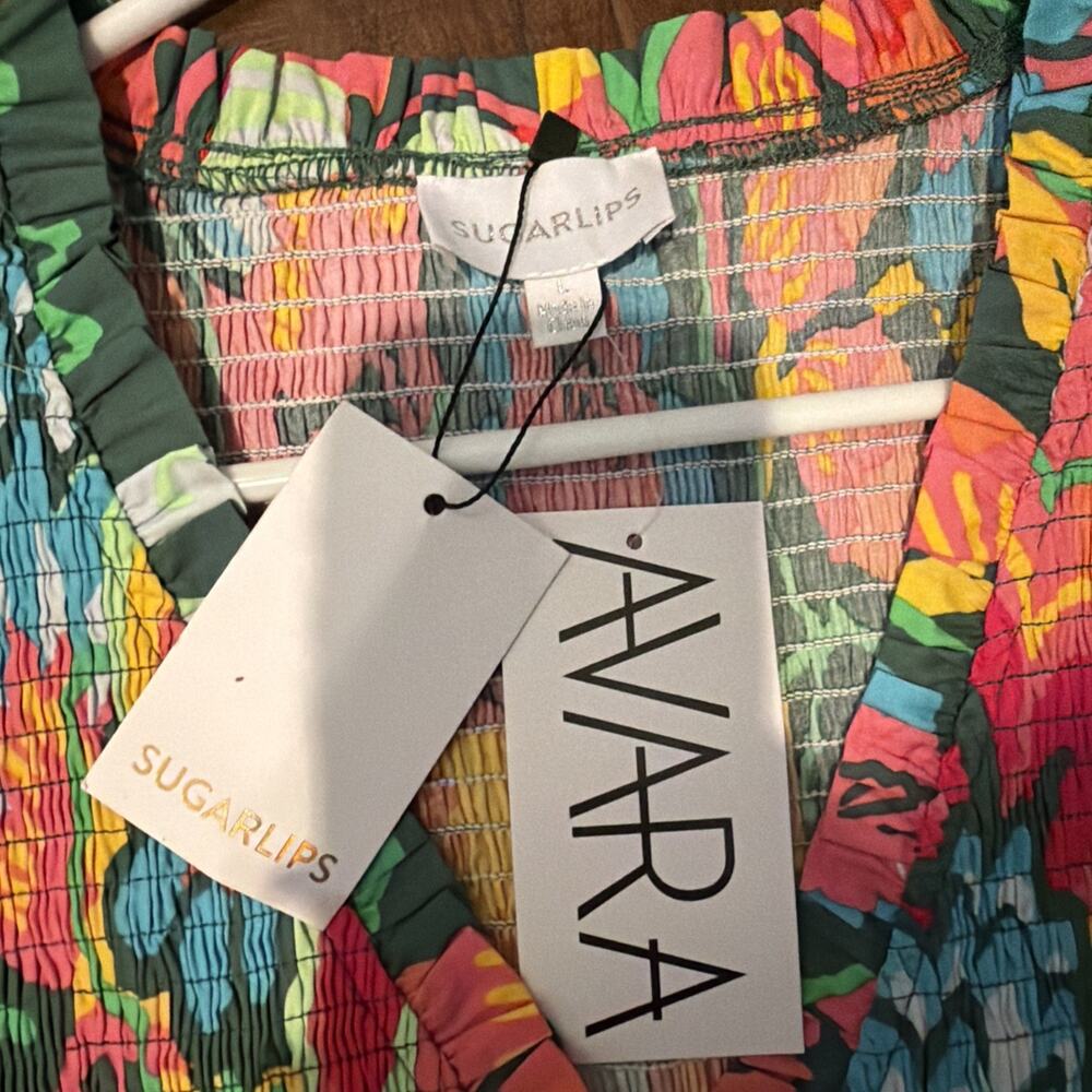 Sugarlips NWT L Maxi Dress Multicolor Floral Smocked Ruffle Flutter Short Sleeve - Picture 3 of 7